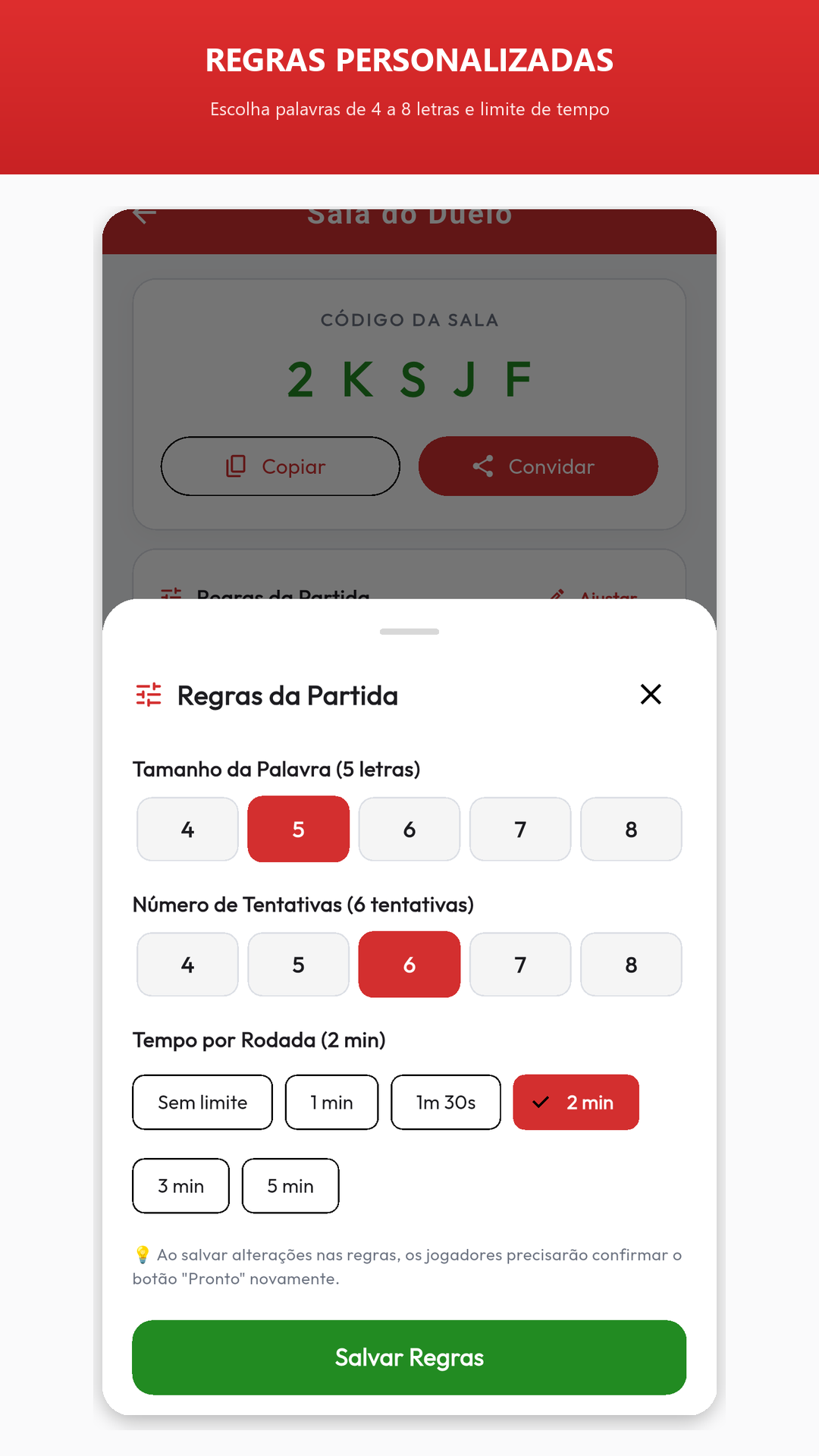 Adivinhe a Palavra - Configurações de Regras da Sala