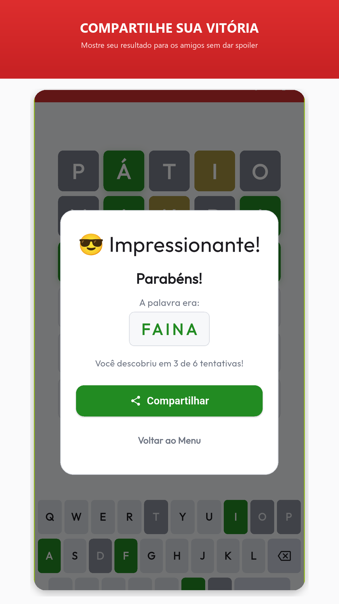 Adivinhe a Palavra - Vitória, Estatísticas e Compartilhamento