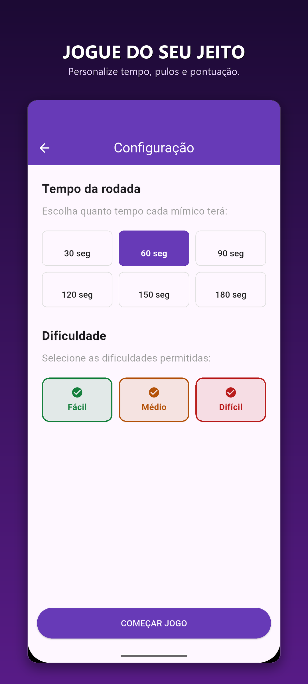 MimicGO - Configuração de Rodadas e Sons