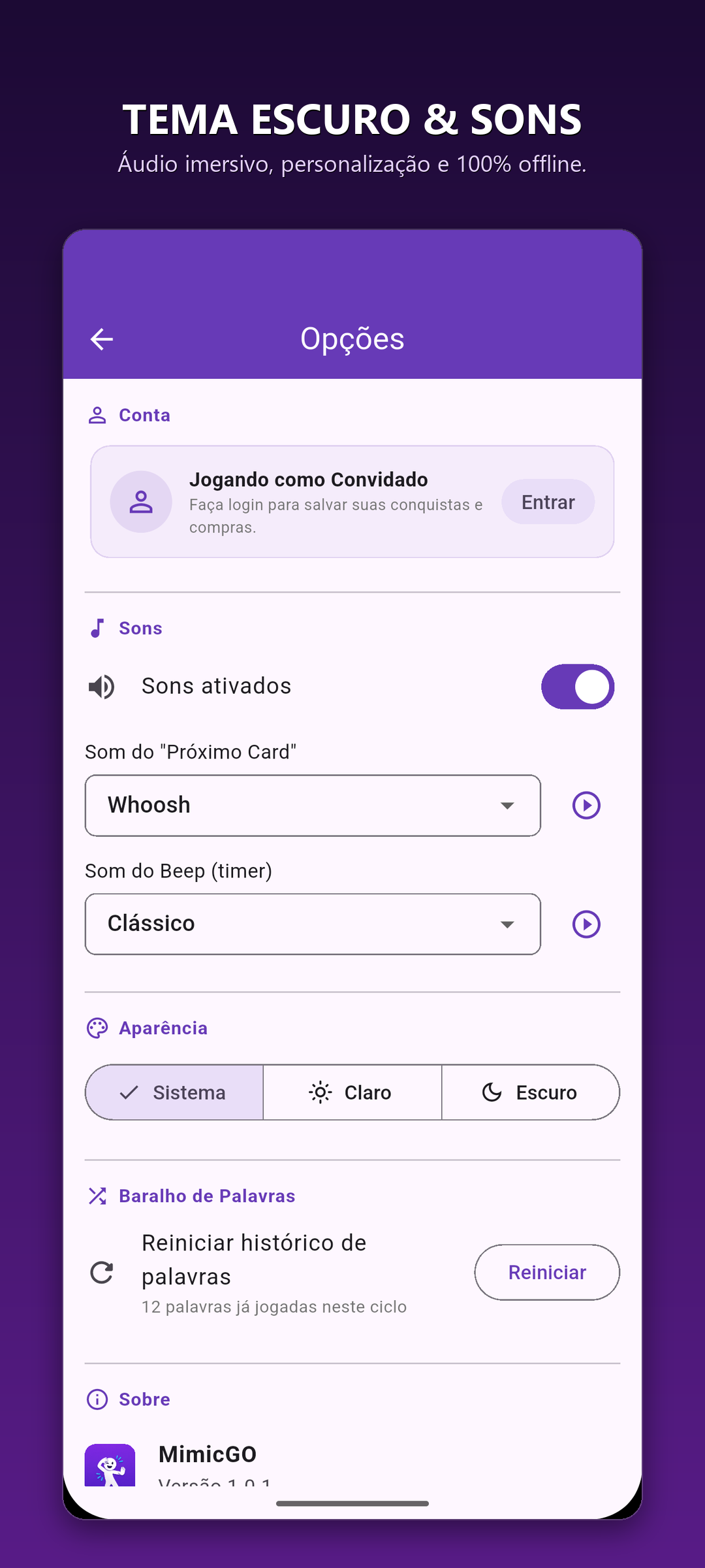 MimicGO - Opções, Áudio e Conta